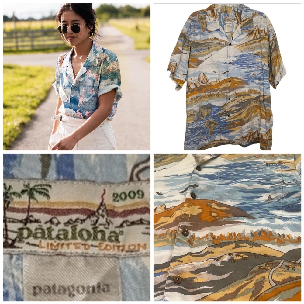 PATAGONIA Vintage Pataloha Camp Shirt Hawaiian Mountain Storms XL Tan Blue White